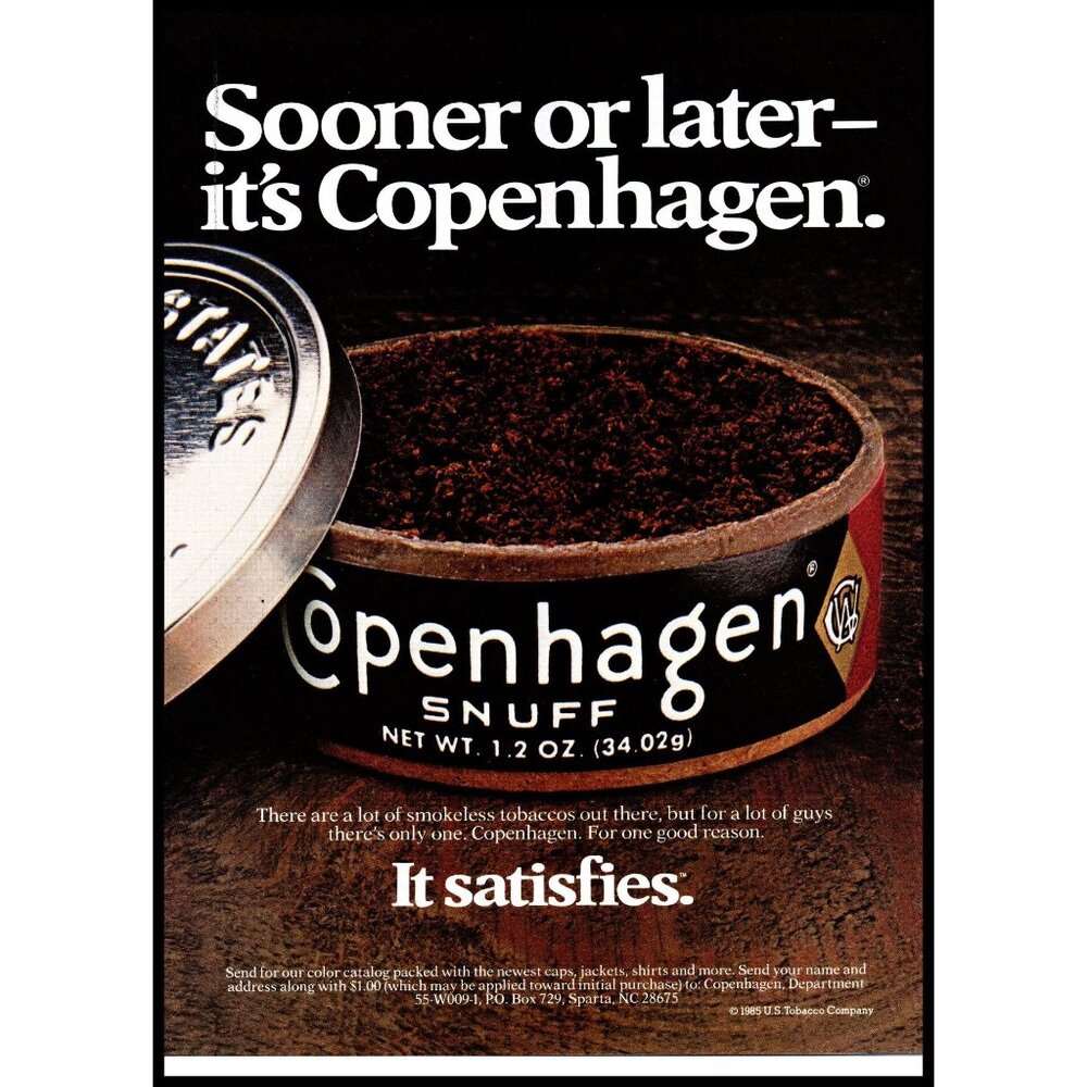 1985 Copenhagen Snuff Tin Can Vintage Print Ad Smokeless Tobacco Wall Art Photo